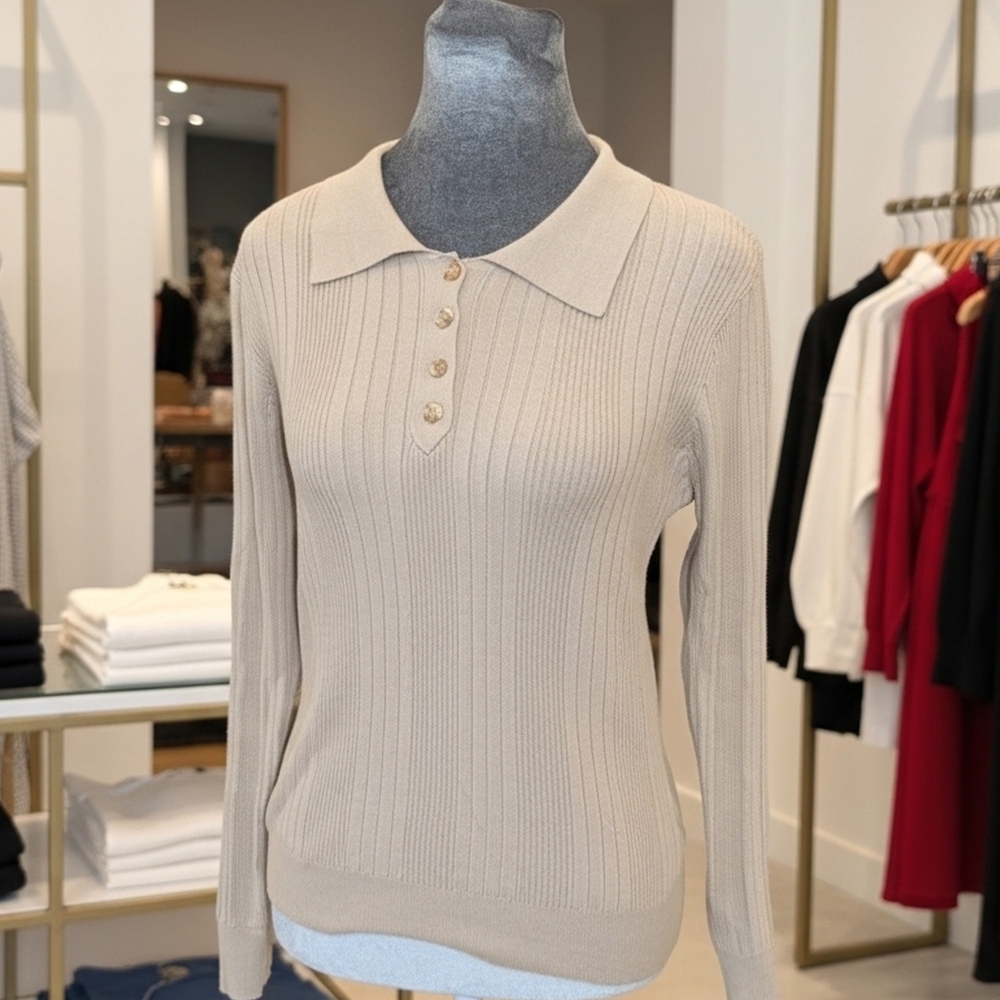Popvil Beige Knit Pullover Sweater Ribbed Collared Button Long Sleeve